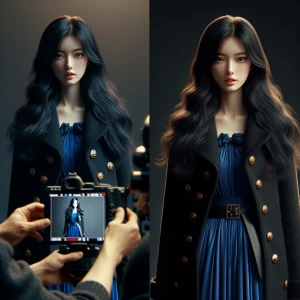 Create an image of Bella Swan with long black hair, wearing a bl...