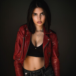 Photo of fair skinned hourglass figure woman with dark straight...