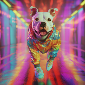 Pit bulls strut down a runway, adorned in dynamic athletic sport...