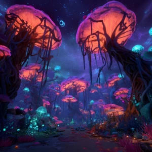 A surreal, menacing alien forest seen from a low angle, the view...