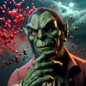 A close-up photo of The Grinch's face, rendered in a surrealisti...