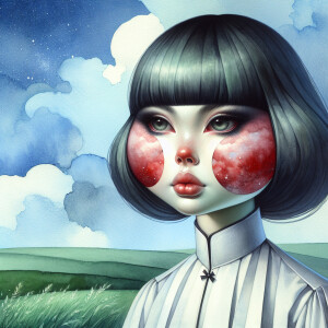 dark hair, blunt bangs, giant translucent, exaggerated, red-pain...