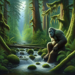 Sasquatch relaxing in a forest creek as it bathes, surrounded by...