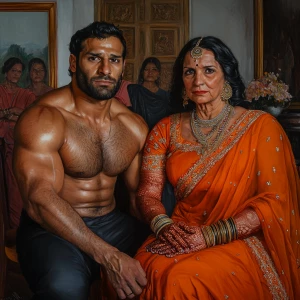 Realism painting 1:1, a muscular sweaty man with a well-built ph...