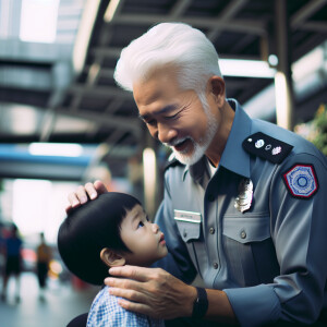 Беловолосый полицейский гладит маленького черноволосого