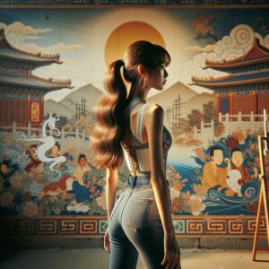 Athletic Thin skinny Attractive, Asian teenage girl, long brown hair and bangs, wearing tight skinny jeans and a halter top paint marks on her clothing, heroic pose Asian graffiti background, backside view