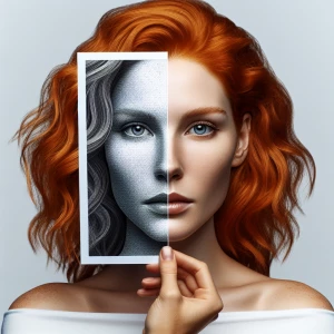 Create a portrait of a woman with ginger hair in an abstract sty...