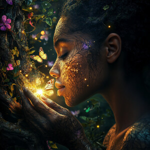 Black woman, Mother Nature creating light, cradling light, skin...