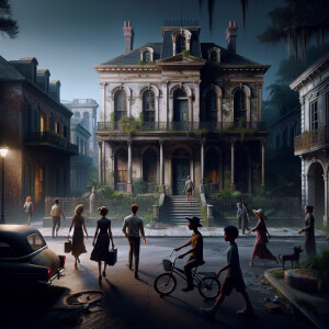 People walk past an abandoned mansion