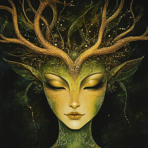 Rising from a cosmic rift, this female creature embodies Taurus’...