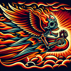 Flaming skull with wings racing in the sky in an  old school tat...