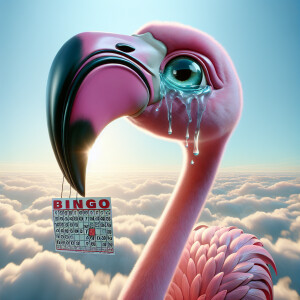 pink flamingo with exaggerated tears streaming down its cheeks,...