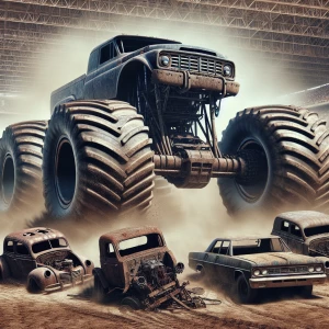 A massive monster truck with oversized tires crushing a row of old cars under its wheels, set against a dirt arena background