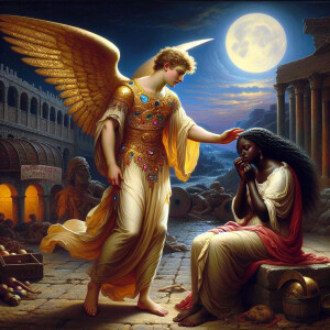 Create an oil painting image featuring a male angel and a grievi...