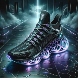 "Futuristic Air Jordan 11-inspired sneaker — sleek, glossy paten...