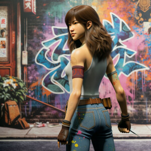 Attractive, Asian teenage girl, long brown hair and bangs, wearing tight skinny jeans and a halter top paint marks on her clothing, backside view heroic pose Asian graffiti