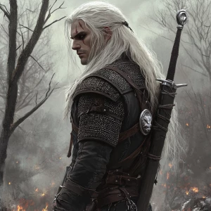 A fantasy warrior with long white hair, dressed in detailed dark...