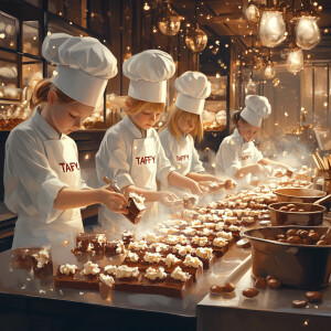 Create an image of a group of little artisans wearing pristine c...