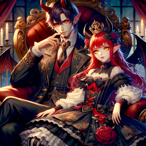 Lilith as a girl with elegant gothic lolita dress sit on the lap...