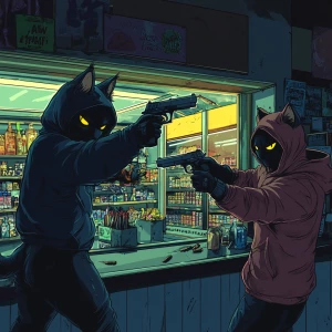 Anthropomorphic gangster cats in hoodies and ski masks robbing a...