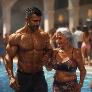 Realistic art style 1:1,a muscular sweaty pierced man  walking w...