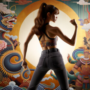 Athletic Thin skinny Attractive, Asian teenage girl, long brown hair and bangs, wearing tight skinny jeans and a halter top paint marks on her clothing, heroic pose Asian graffiti background,  backside view