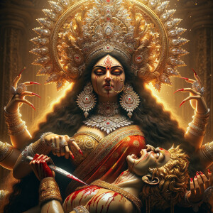 portrait of angry looking goddess durga, sitting on a gold crown...