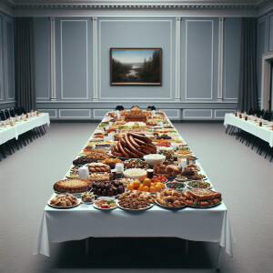 A professionally shot photograph of a banquet table with rich fo...