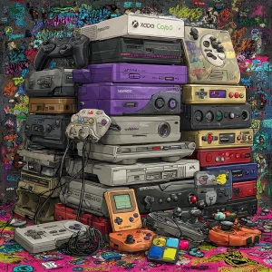 "A chaotic stacked pile of various retro video game consoles and...
