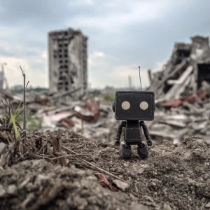 Small black silhouette of the robot to walk through a ruined cit...