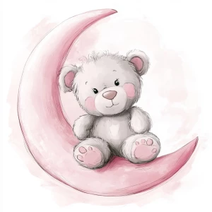 A cute, cartoon teddybear sits on a stylized, rosy-pink crescent moon. The teaddy bear is light gray with large, round, pink-spotted ears.  Its body is round and he has expressive eyes.  its facial expression is happy and friendly. The teddy bears legs and feet are visible, and its posture is relaxed, sitting, leaning into the moon. The moon is a soft, shaded pink, with watercolor-like texture and subtle shading. The background is white. The image is in a child-friendly style, showcasing delicate line work and color palettes. The composition is centered on the teddy bear which is positioned on the moon. The overall style is sweet, whimsical, and reminiscent of children's book illustrations.  The colors are pastel and soothing, creating a gentle atmosphere.