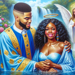 An oil painting depicting a light-skinned African-American pasto...