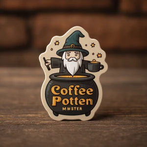 Create a sticker for A wizard-like figure brewing coffee in a ca...