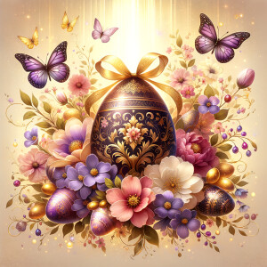A luxurious and ornate Easter-themed image featuring a large cen...