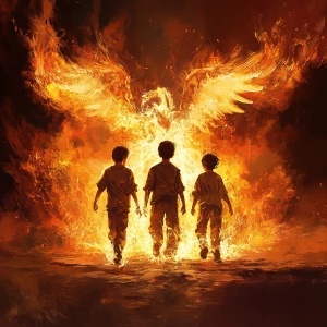 Create image of three Hebrew boys and an angel surrounded by flames but are unharmed