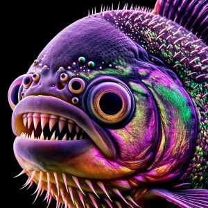 Cute not scary giant purple and neon green piranha