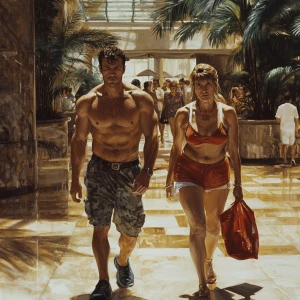 Realism.A man( muscular beefy criminal) walking with a woman(his...