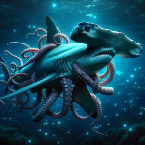 Hammerhead shark with octopustentacles. Ultra-detailed, ultra-re...