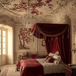 photo of a baroque palace bedroom with canopy bed, baroque class...