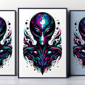 Clean alien graphic illustrated in cosmic colors on a white blan...