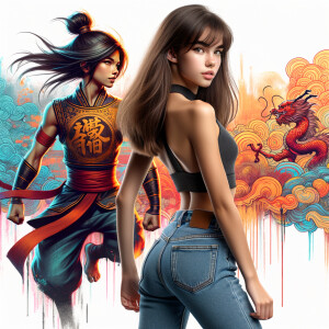 Attractive, Asian teenage girl, long brown hair and bangs, wearing tight skinny jeans and a halter top paint marks on her clothing, backside view heroic pose Asian graffiti