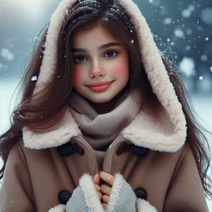 A young girl dressed in a charming duffel coat, her cheeks rosy...