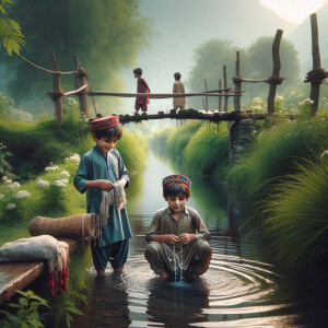 Pakistani villager boys taking bath in canal