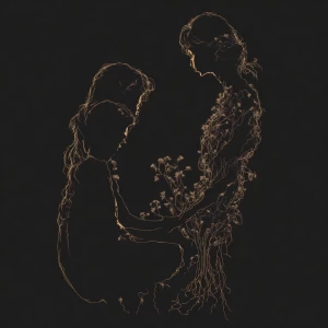 Create an image depicting the silhouette of a curvy woman seated...