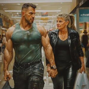 Realism,a muscular sweaty beefy,man walking with his 50 years ol...