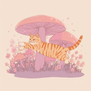 Orange striped cat stretching under pink mushroom, kawaii illust...