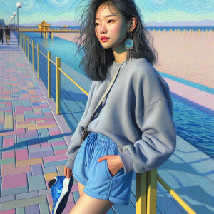Young lady with mid length hair, dangling earrings, blue shorts,...