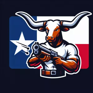 muscular longhorn with white, red, blue texas flag t-shirt, ,tex...