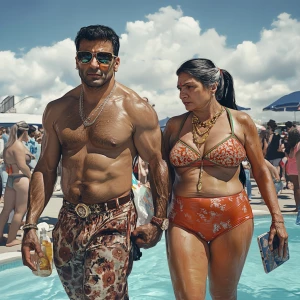 Photorealism,a muscular beefy criminal man walking with his swea...