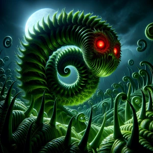 "Conjure an image of an evil anamorphic fiddlehead fern, its cur...
